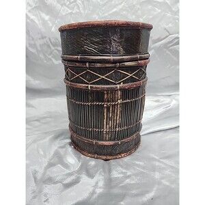 Hand crafted  Lombok Indonesian split bamboo bark & wood tall round lidded box